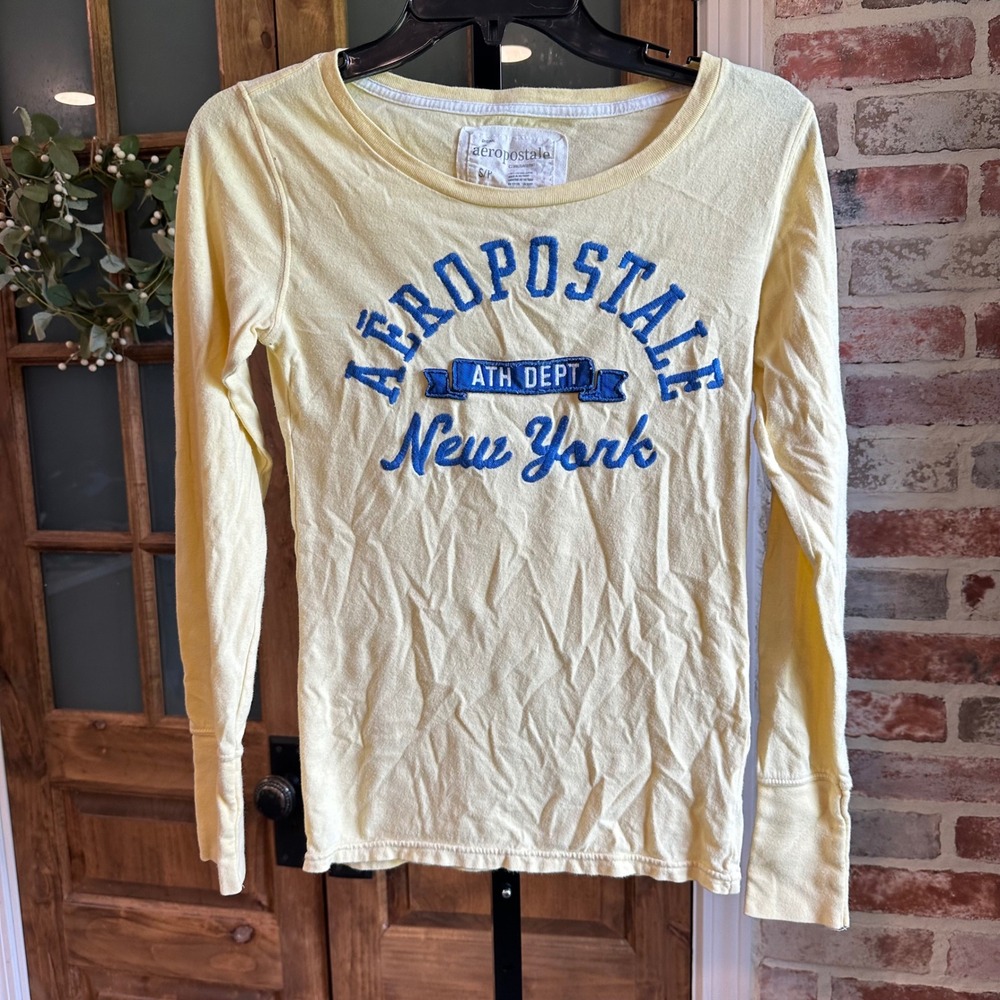 Aeropostale Long Sleeve Tee Womens Small Yellow Blue Graphic Text Y2K Preppy
